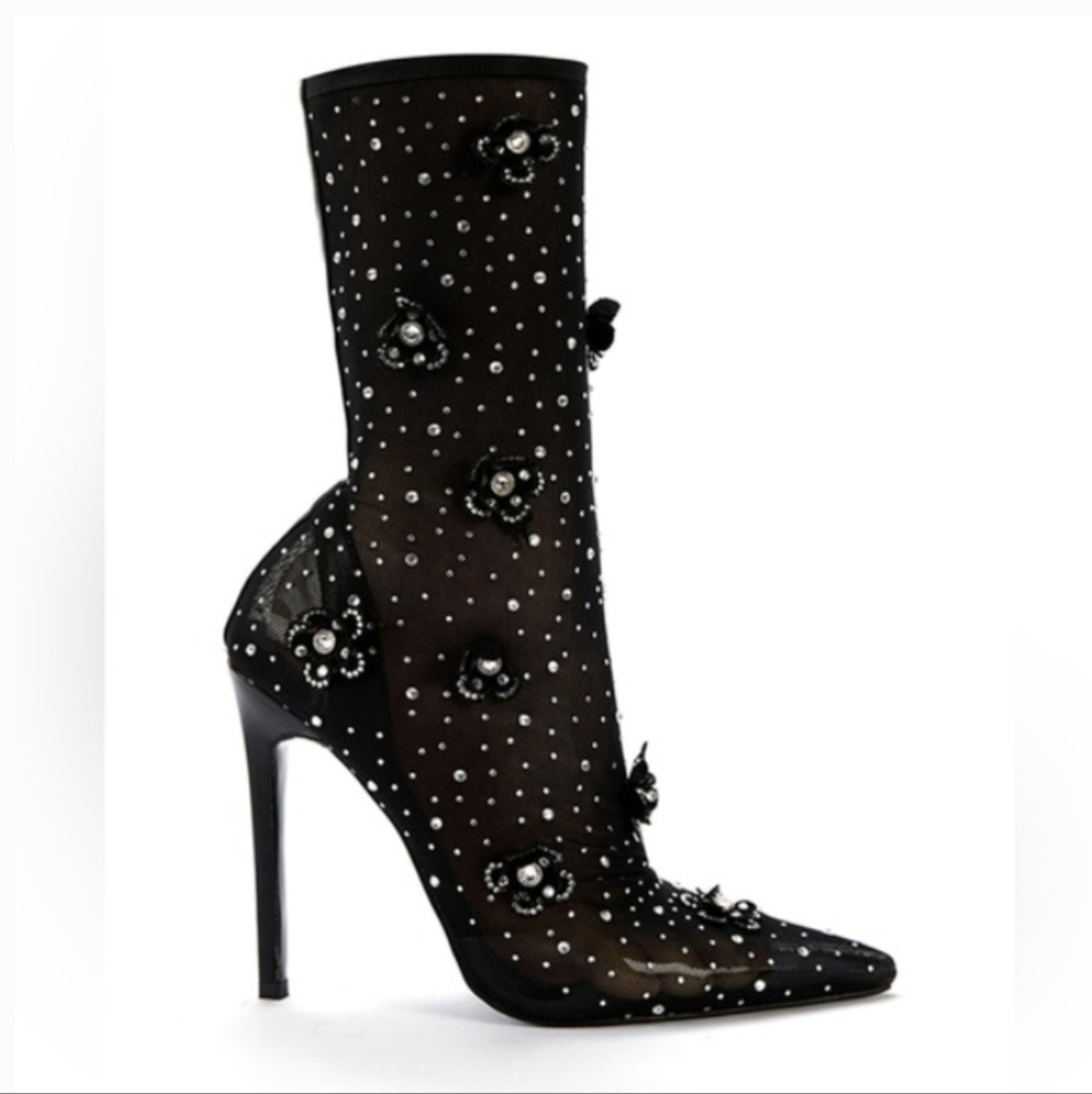 Azalea Wang Smarlowe Floral Appliqued Sheer Mesh Mid Calf Booties |